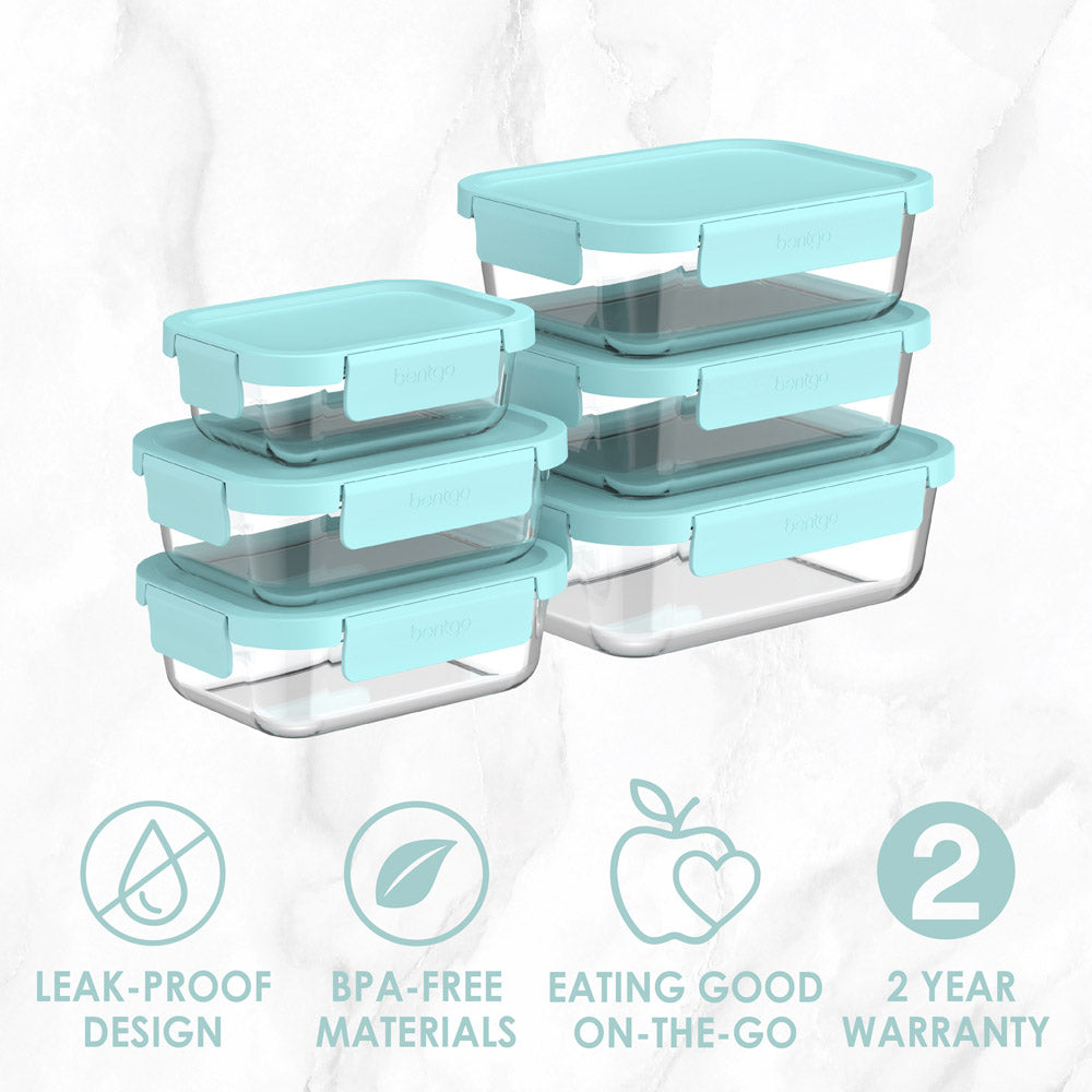 Bentgo® 12-Piece Leak-Proof Glass Food Storage Set - Soft Aqua | Leak-Proof Design, BPA-Free Materials, Eating Good On-The-Go, And Comes With A 2 Year Warranty