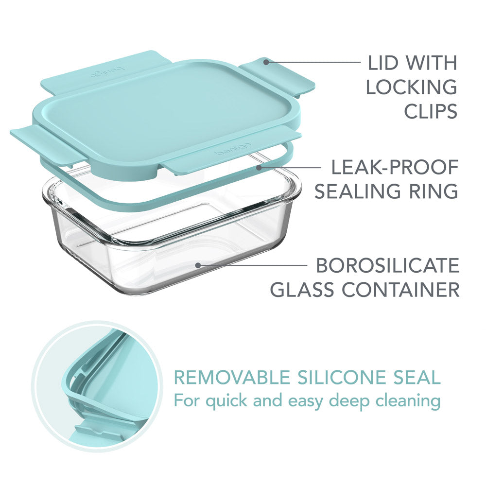 Bentgo® 12-Piece Leak-Proof Glass Food Storage Set - Soft Aqua | Features Lid With Locking Clips, Leak-Proof Sealing Ring, Borosilicate Glass Container, And Removable Silicone Seal