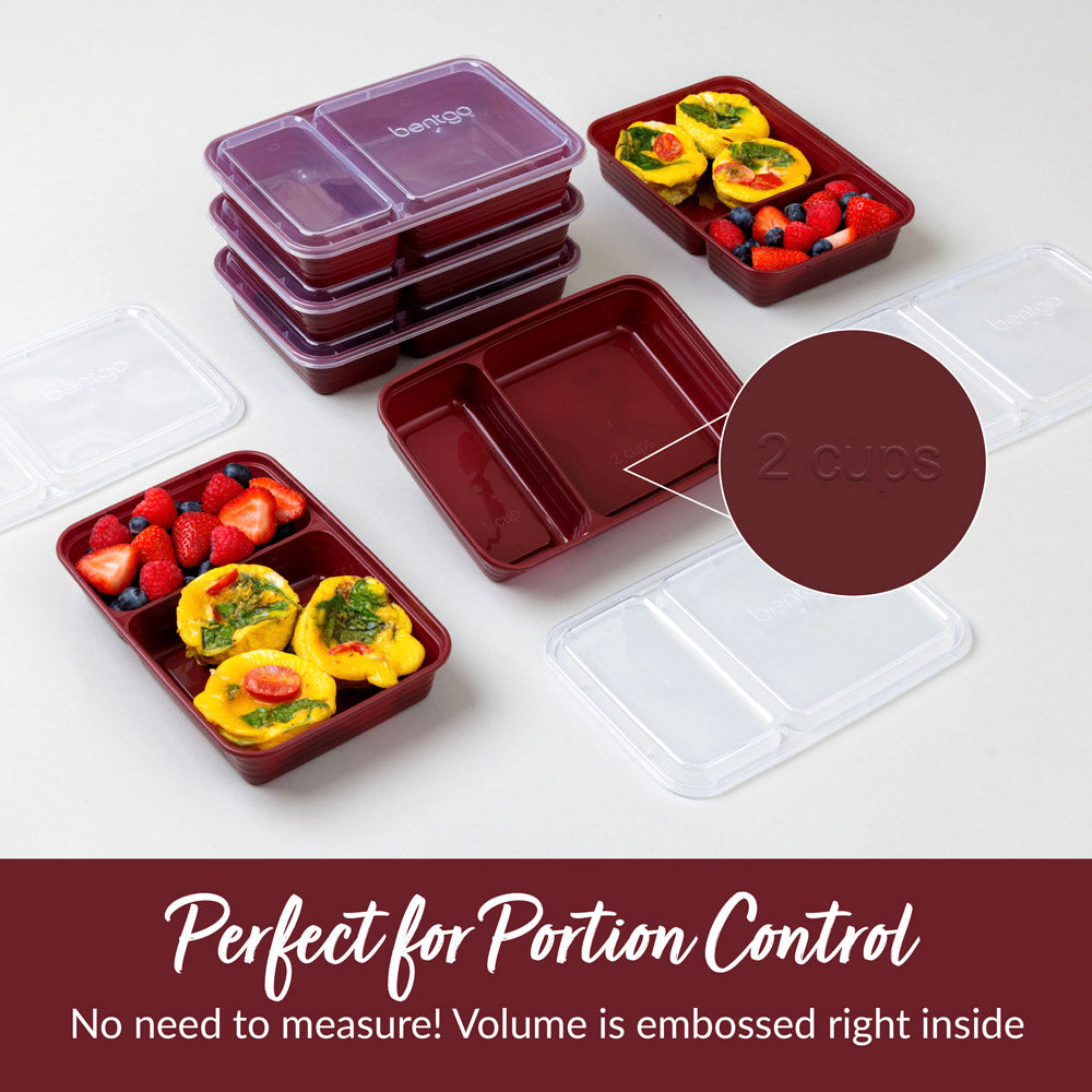 Bentgo Prep 2-Compartment Meal Prep Containers - Burgundy | Perfect For Portion Control - No Need To Measure! Volume Is Embossed Right Inside