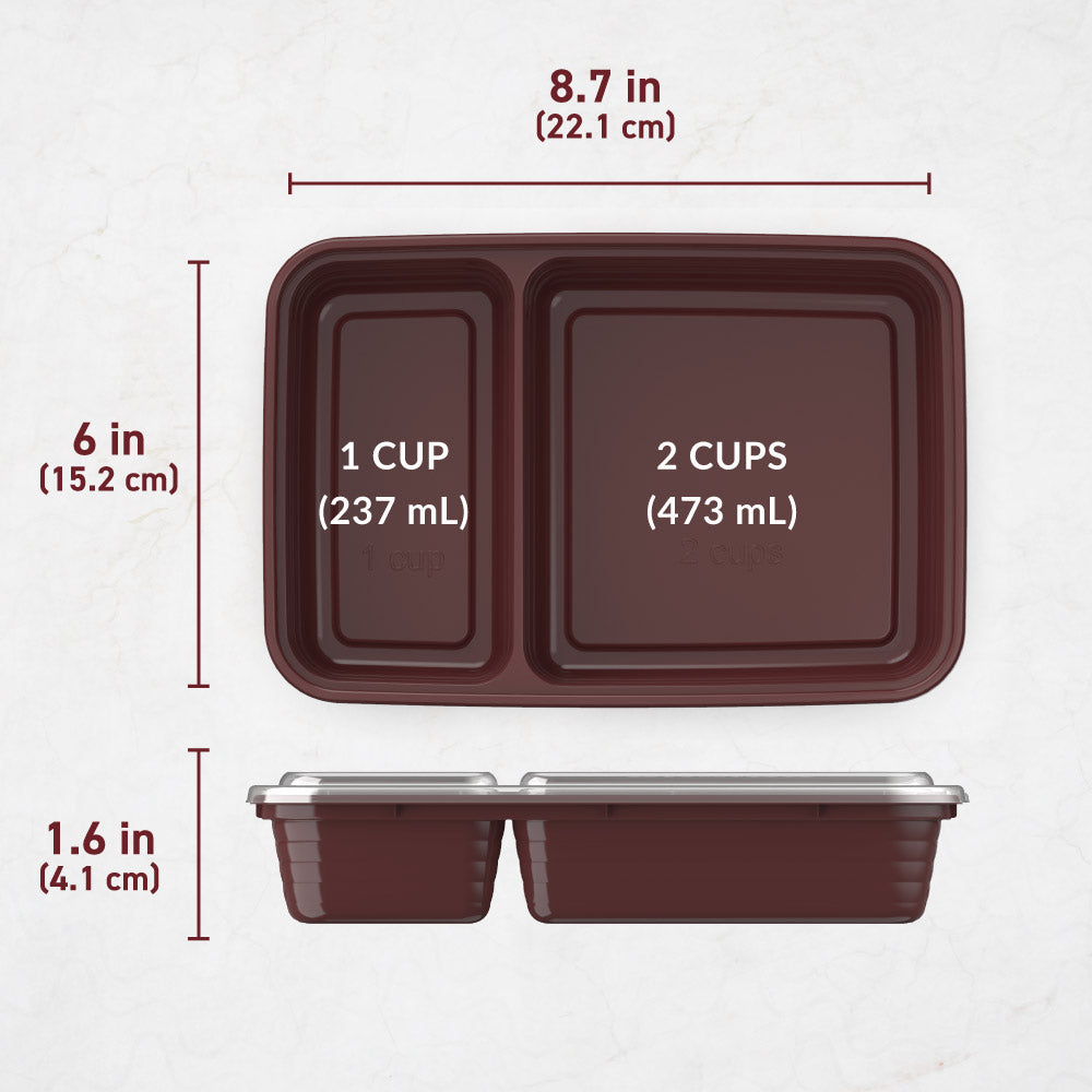 Bentgo Prep 2-Compartment Meal Prep Containers - Burgundy | Dimensions