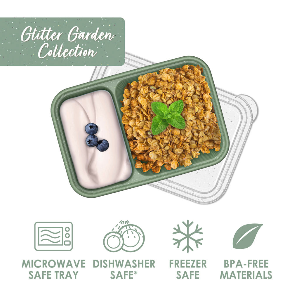 Bentgo® Prep 2-Compartment Snack Containers - Basil Glitter | Microwave Safe Tray, Dishwasher Safe, Freezer Safe, And Made With BPA-Free Materials