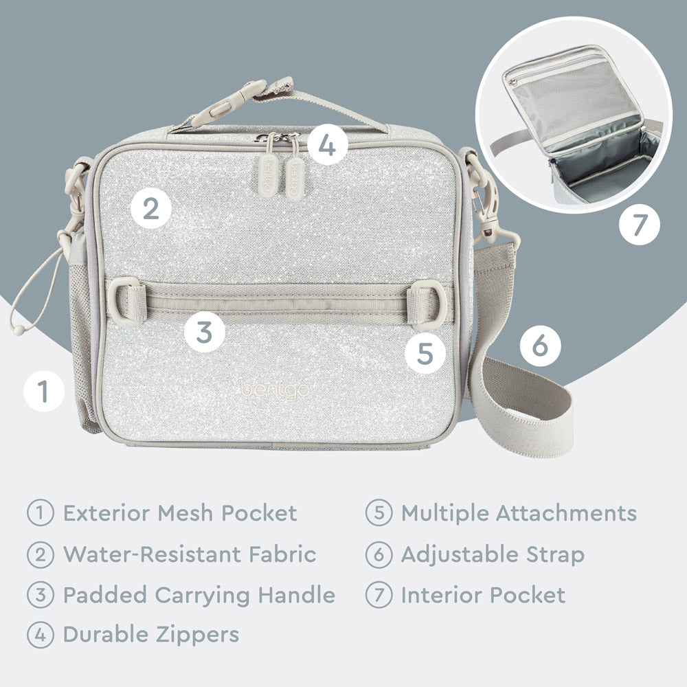 Bentgo® Kids Lunch Bag | Silver Glitter - Lunch Bag Features Include An Exterior Mesh Pocket, Padded Carrying Handle, Durable Zippers, and much more