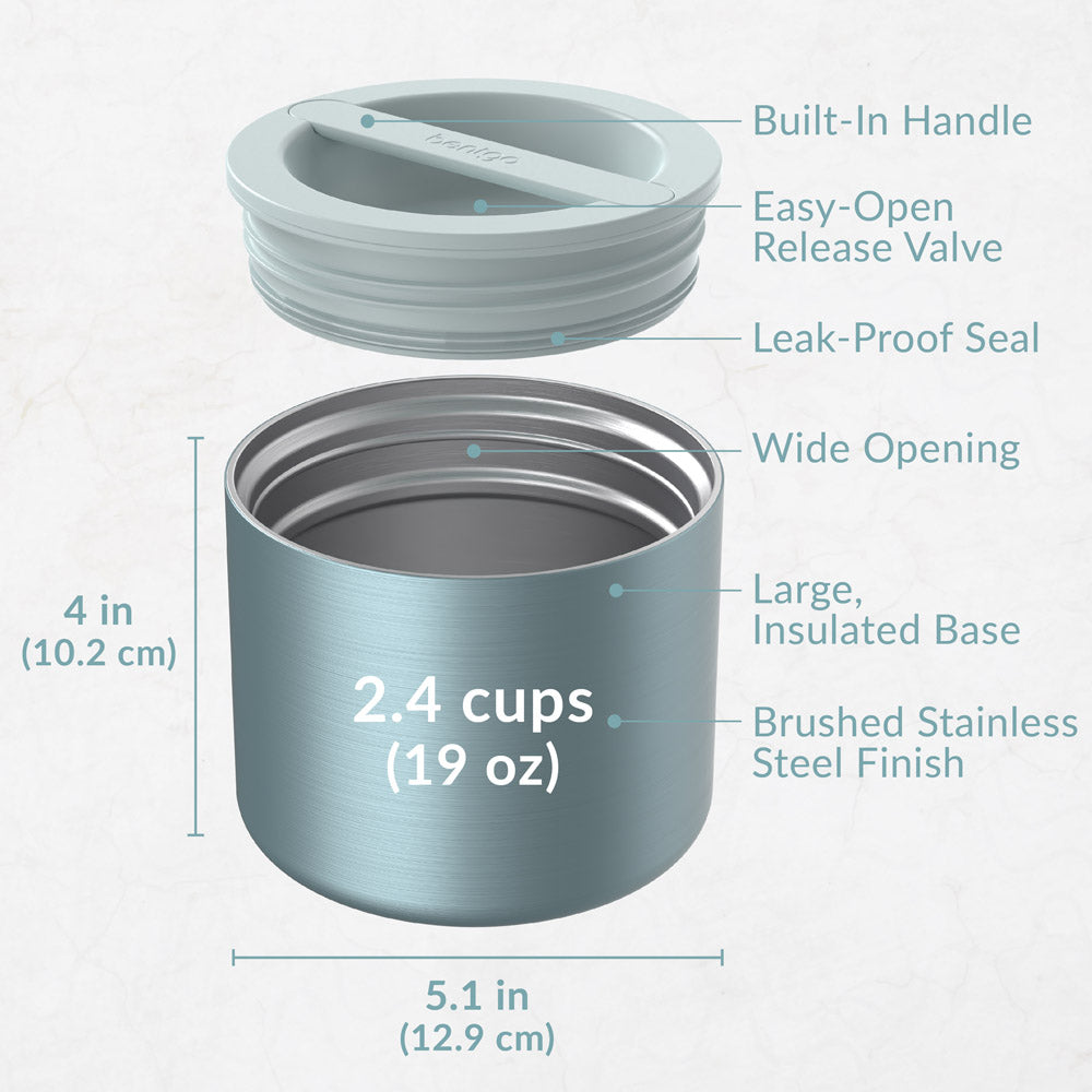 Bentgo® Stainless Steel Insulated Food Container - Aqua | Includes Built-In Handle, Easy-Open Release Valve, Leak-Proof Seal, Wide Opening, Large, Insulated Base, And Brushed Stainless Steel Finish