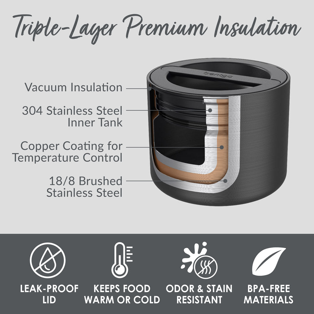 Bentgo® Stainless Steel Insulated Food Container - Carbon Black | Triple-Layer Premium Insulation - Leak-Proof Lid, Keeps Food Warm Or Cold, Odor & Stain Resistant, And Made With BPA-Free Materials