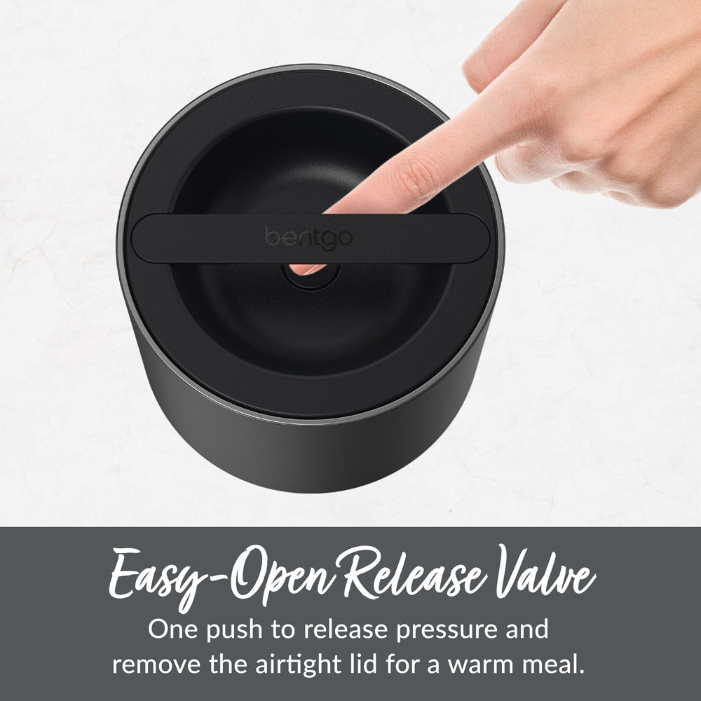 Bentgo® Stainless Steel Insulated Food Container - Carbon Black | Easy-Open Release Valve - One Push To Release Pressure And Remove The Airtight Lid For A Warm Meal