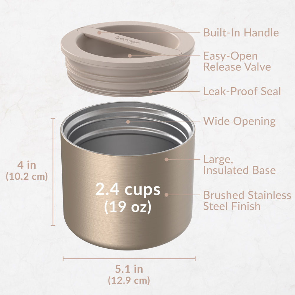 Bentgo® Stainless Steel Insulated Food Container - Gold | Includes Built-In Handle, Easy-Open Release Valve, Leak-Proof Seal, Wide Opening, Large, Insulated Base, And Brushed Stainless Steel Finish