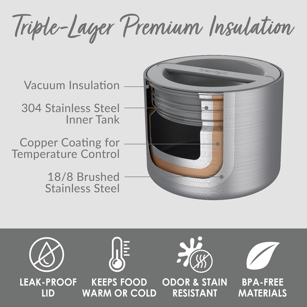 Bentgo® Stainless Steel Insulated Food Container - Stainless Steel | Triple-Layer Premium Insulation - Leak-Proof Lid, Keeps Food Warm Or Cold, Odor & Stain Resistant, And Made With BPA-Free Materials