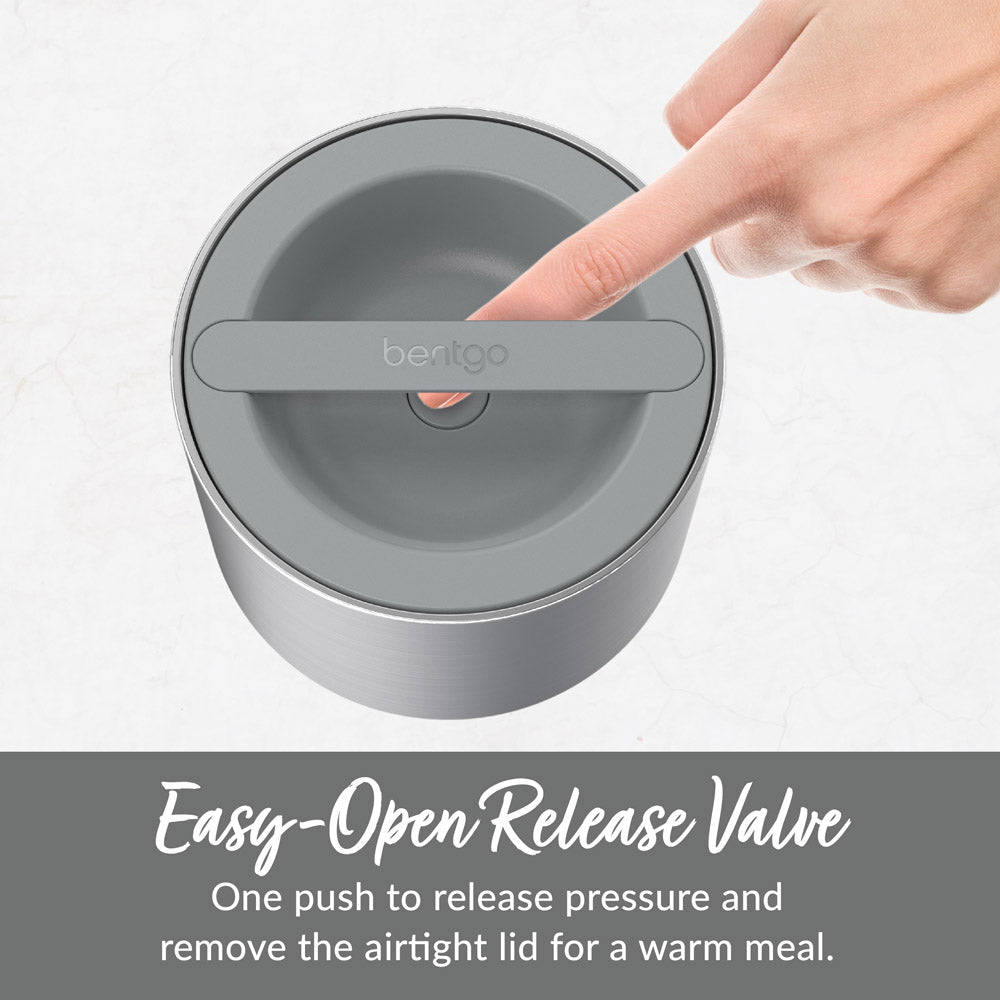 Bentgo® Stainless Steel Insulated Food Container - Stainless Steel | Easy-Open Release Valve - One Push To Release Pressure And Remove The Airtight Lid For A Warm Meal