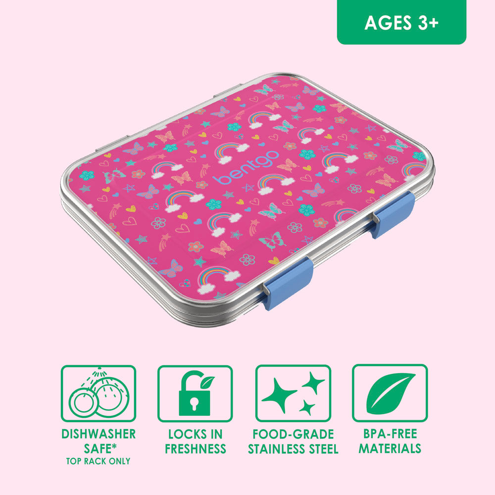 Bentgo® Kids Stainless Steel Prints Lunch Box  - Rainbows and Butterflies | Dishwasher Safe, Locks In Freshness, Food-Grade Stainless Steel, And Made With BPA-Free Materials