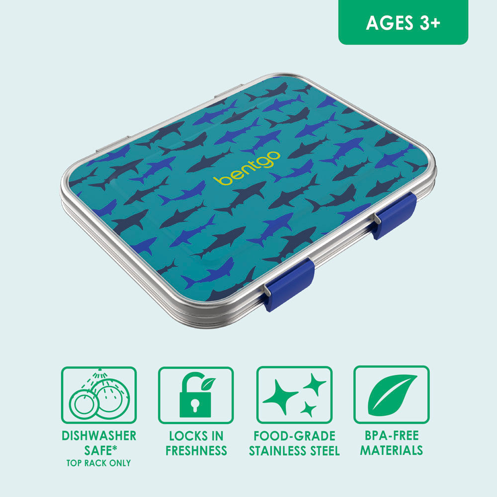 Bentgo® Kids Stainless Steel Prints Lunch Box  - Sharks | Dishwasher Safe, Locks In Freshness, Food-Grade Stainless Steel, And Made With BPA-Free Materials